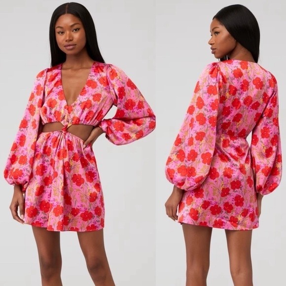 Show Me Your MuMu Dresses & Skirts - SHOW ME YOUR MUMU Christina Pink Red Floral Cutout Long Sleeve Mini Dress Size M